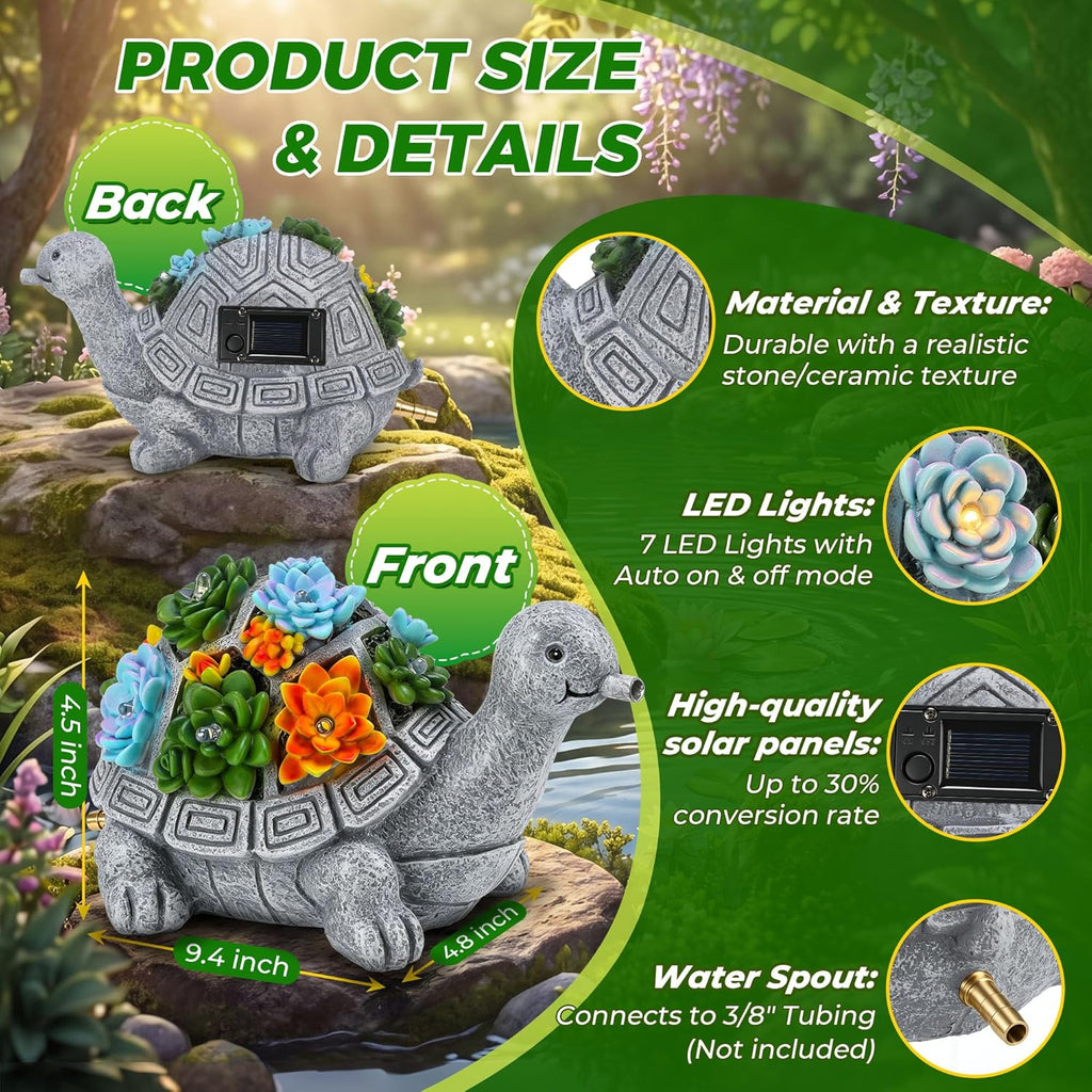 Jetec Solar Garden Statue Fountain Turtle, Pond Water Spitter Aerator | Not Included Tubing, Lawn Decor Tortoise Statue with Succulent & LED Lights for Outdoor Patio, Yard, Ponds Decor, Ideal Gift
