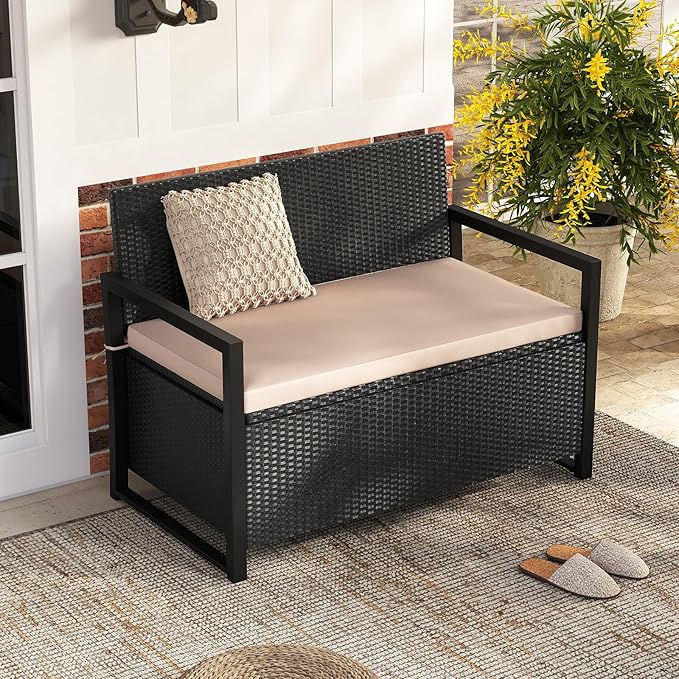 Tangkula 40 Gallon Outdoor Bench with Storage, Patio Wicker Storage Bench with Cushion, Cover, Metal Frame, Deck Box Seat for Backyard, Poolside, Balcony, Garden