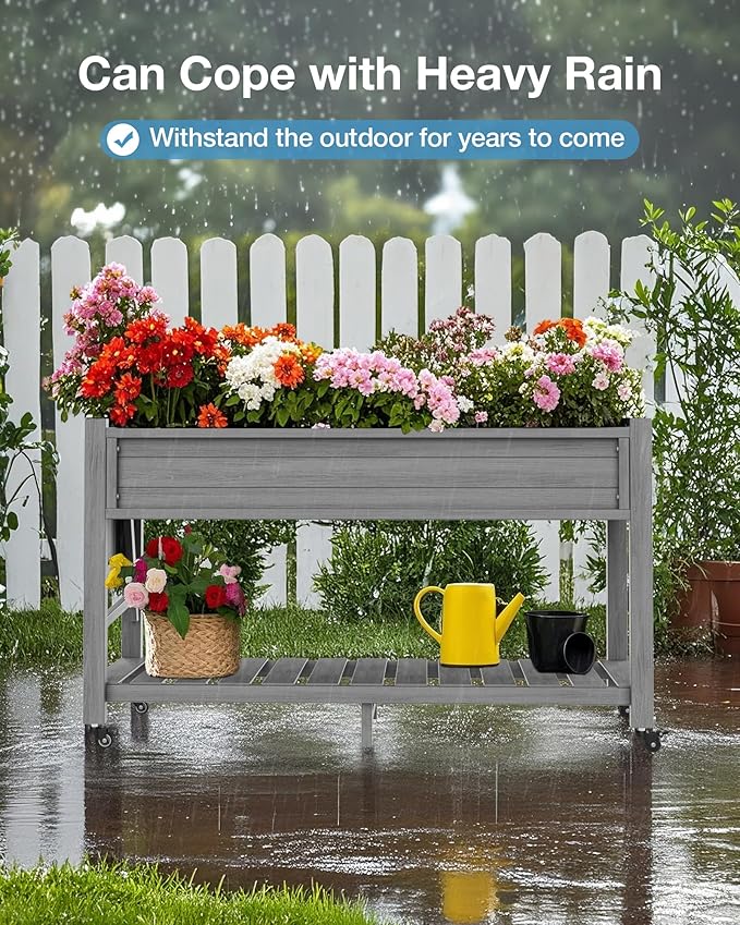 YEFU Raised Garden Bed with Legs: 57x18x30in Weight Capacity 400lb - Waterproof Raised Planter Box with Wheels - Elevated Garden Bed with Storage Shelf - Weather Resistant - for Deck/Patio/Porch/Grey