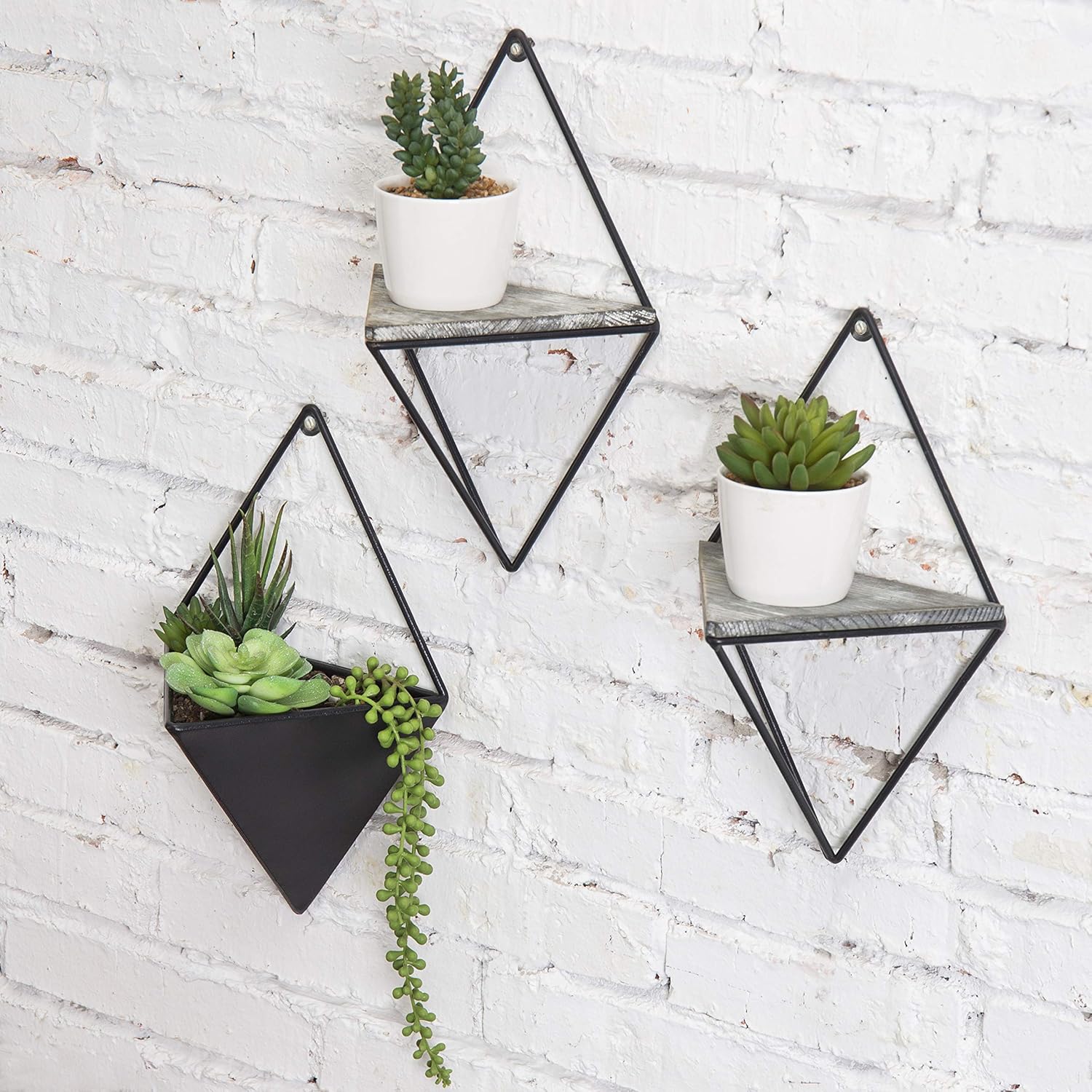 MyGift Indoor Wall Planter and Wooden Wall Display Shelves with Black Metal Frames Metal, 3-Piece Set