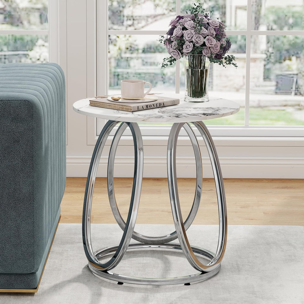 O&K FURNITURE Silver Side Table Living Room, Round End Table with Metal Frame, Modern Nightstand for Small Spaces, Bedroom, Home Office, 1PC