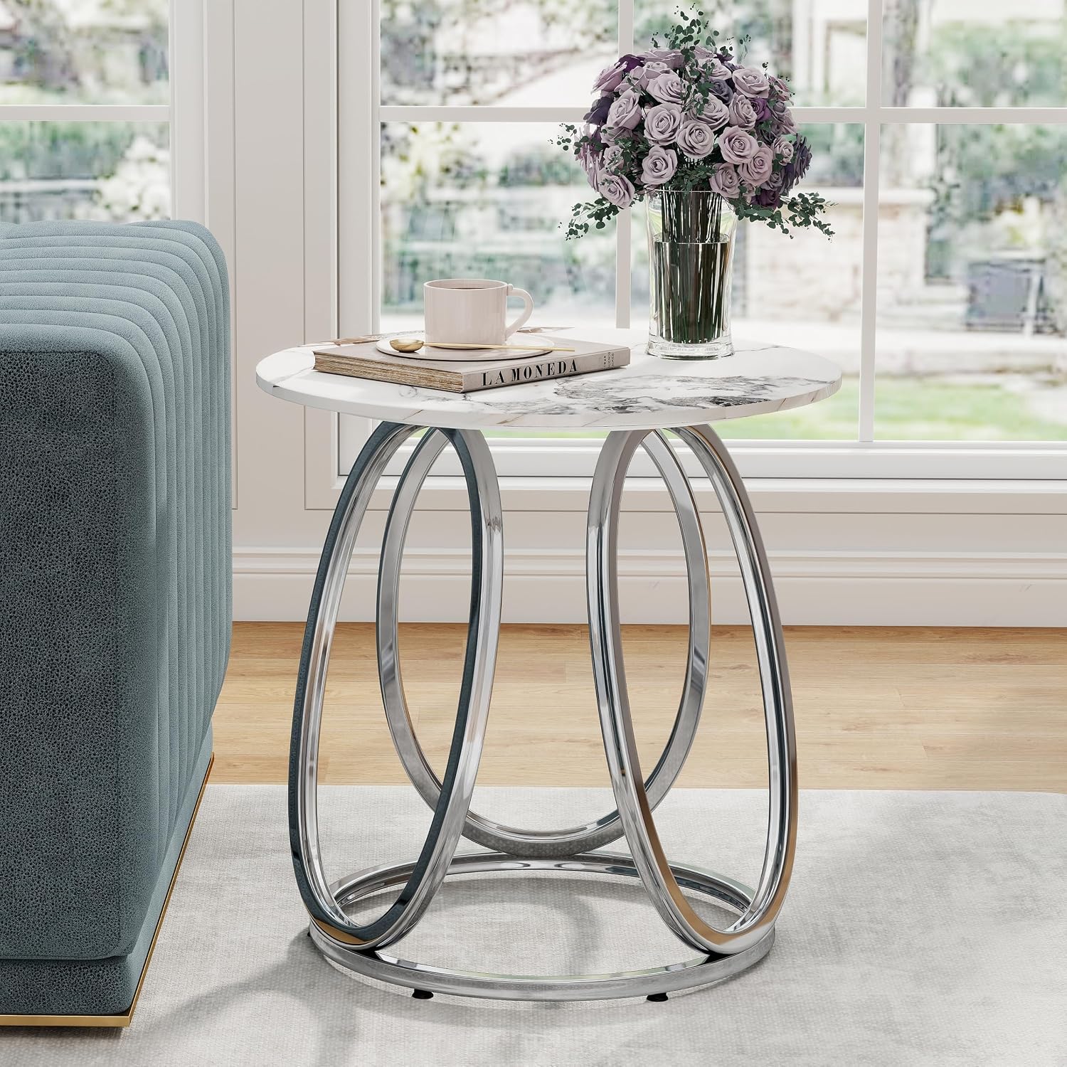 O&K FURNITURE Silver Side Table Living Room, Round End Table with Metal Frame, Modern Nightstand for Small Spaces, Bedroom, Home Office, 1PC