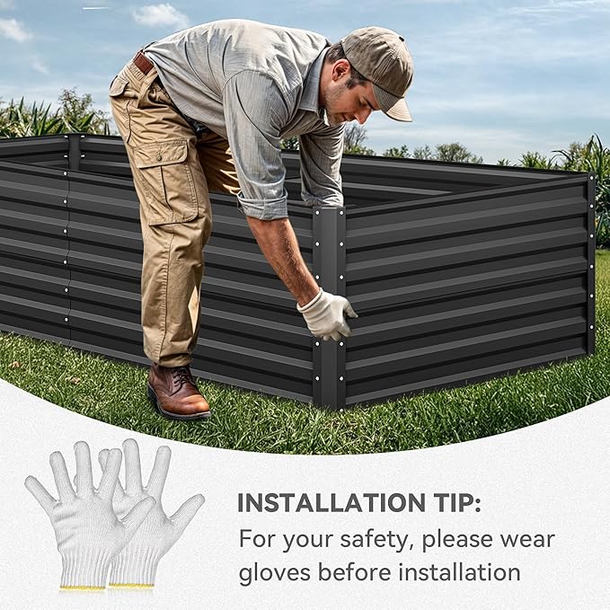 YITAHOME 8x4x2 ft 2pcs Galvanized Raised Garden Bed Kit, Large Metal Planter Box with Gloves, Safety Rubber & Support Rod, Outdoor Flower Bed for Plants Vegetables, Black