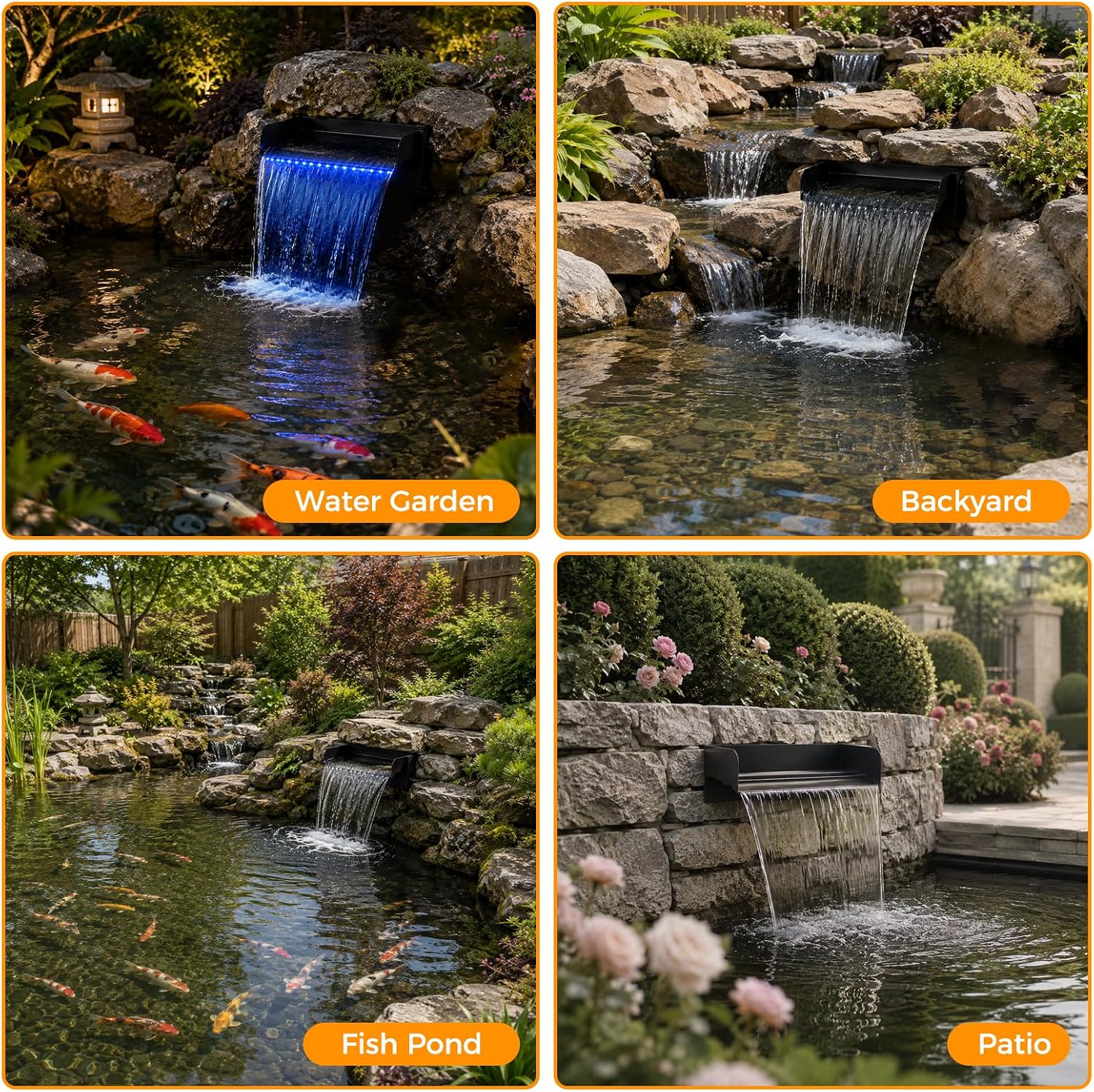 All-in-1 Pond Waterfall Spillway Kit, 12" Stainless Steel | 304 stainless steel spillway, 660 GPH pump, 8 ft lift, easy setup, steady flow, quiet, 10 FT hose, for pond, garden, backyard