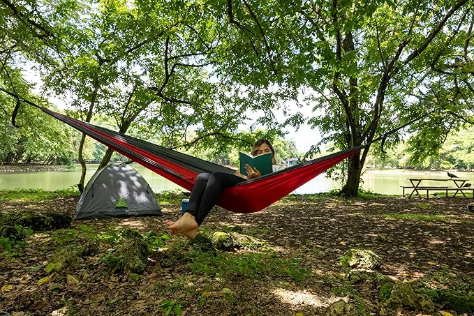 Durable Hammock 400 lb Capacity, Nylon Camping Hammock Chair - Double or Single Sizes w/Tree Straps and Attached Carry Bag - for Travel/Backpacking/Beach/Backyard (Medium, Orange & Light Grey)