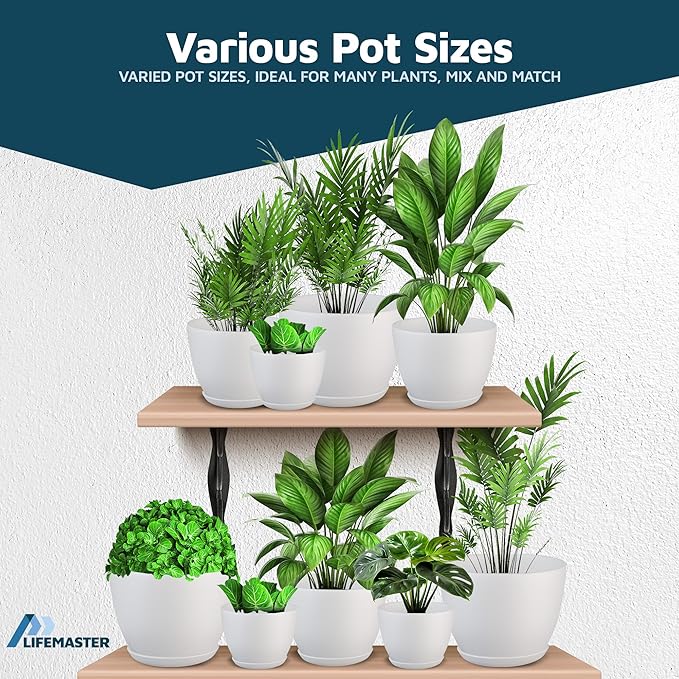 White Plant Pots with Drainage Holes & Saucers 15 Pack, Indoor & Outdoor Stackable Space-Saving Planters for Houseplants & Flowers, (7", 6.7", 6", 5.3", and 4.8" Inches), Durable & Weatherproof