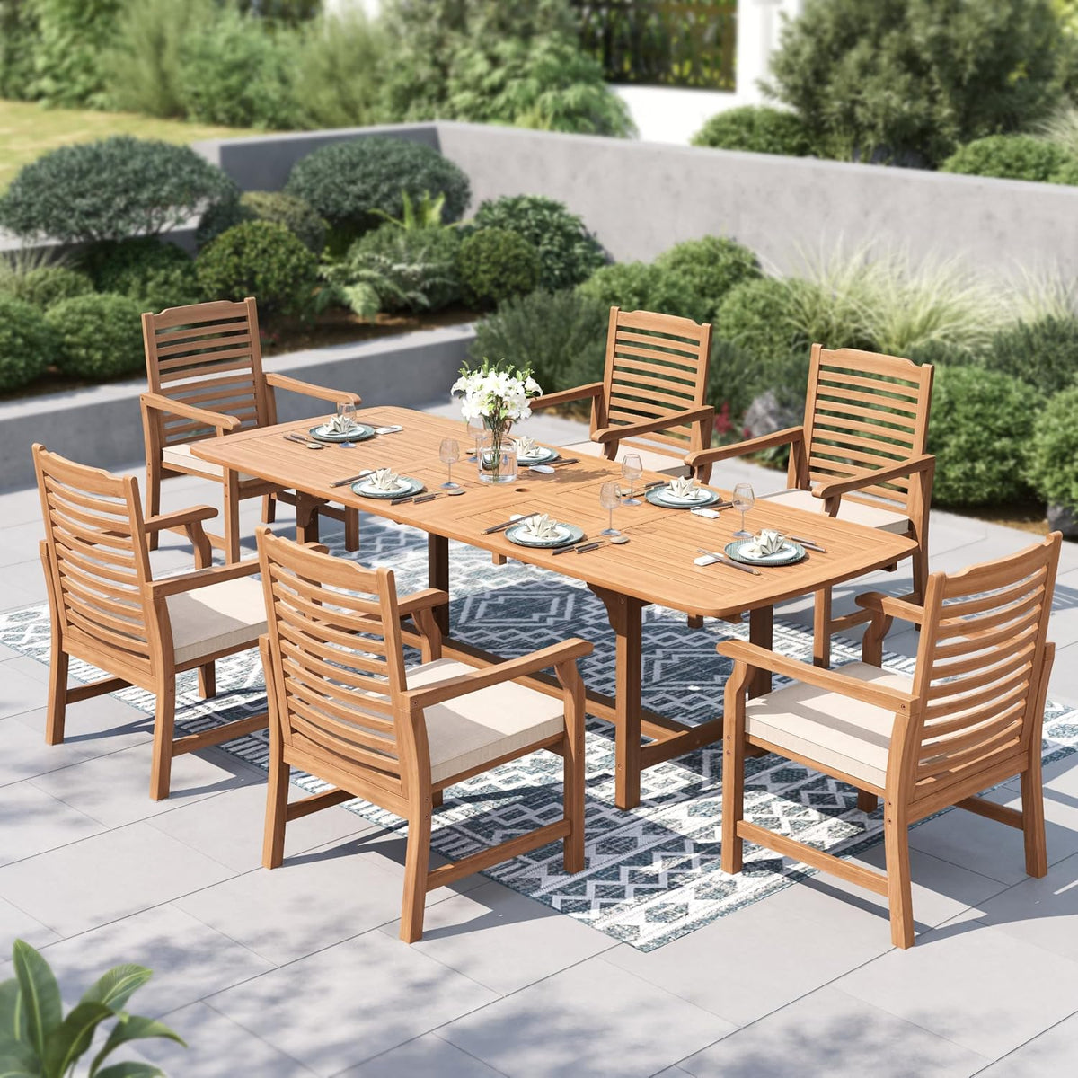 phi villa teak outdoor table, expandable wood table on a desk or shelf