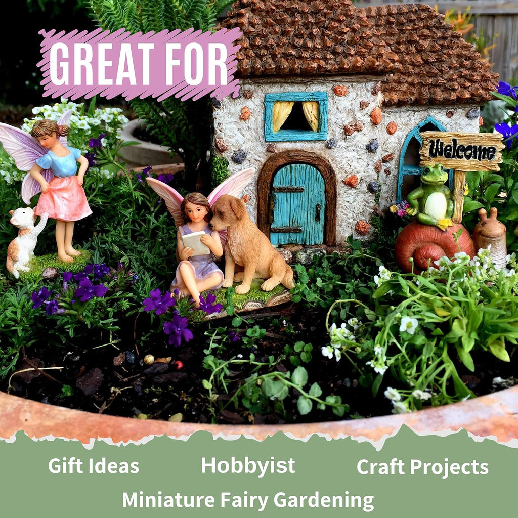 Fairy Garden House Kit & Sign | Hand-painted resin pinecone roof design; 2 fairies included; door opens; 6 inches high; outdoor indoor miniature decor