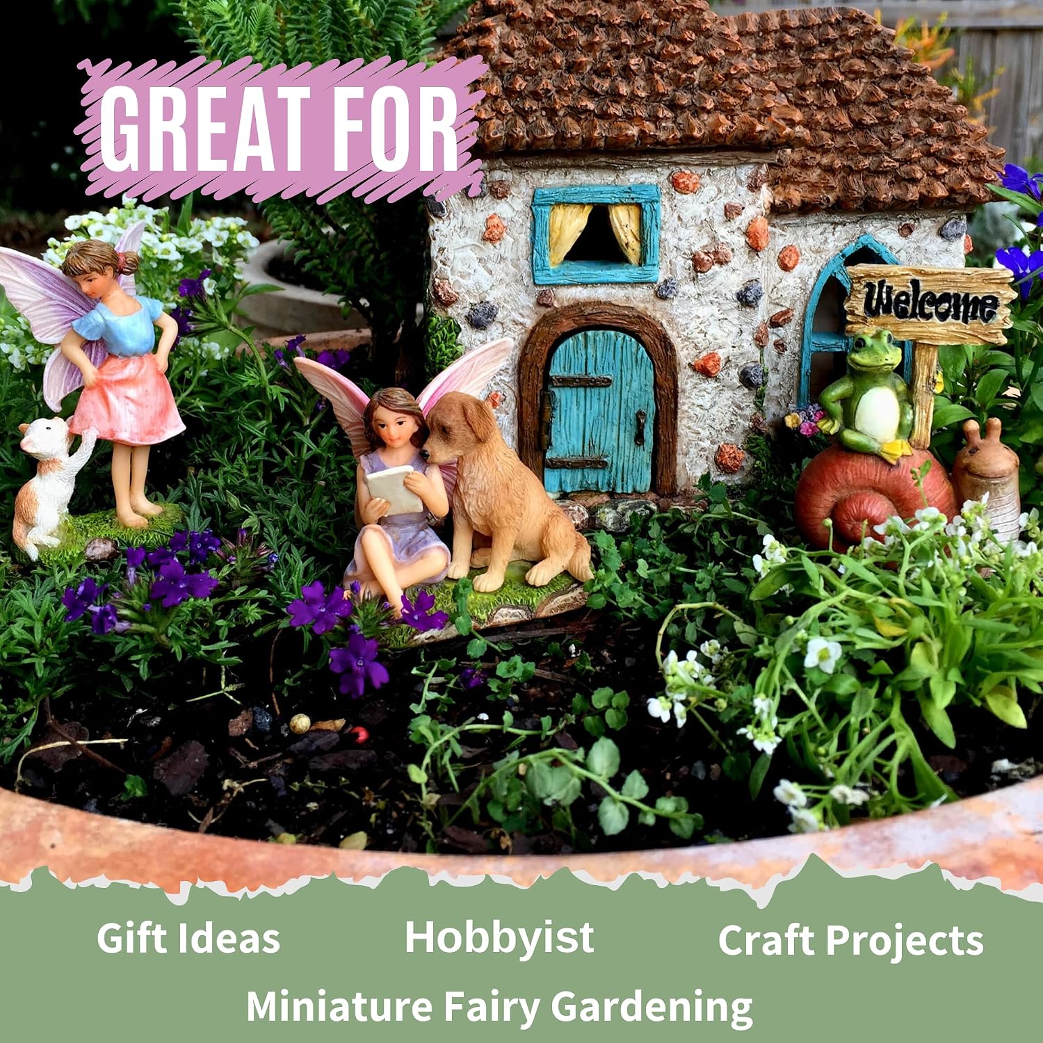 Fairy Garden House Kit & Sign | Hand-painted resin pinecone roof design; 2 fairies included; door opens; 6 inches high; outdoor indoor miniature decor