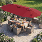 Tangkula 9 Pieces Rattan Outdoor Dining Set with 13Ft Solar Patio Umbrella for 6, Outdoor Wicker Table Set with 8 Cushioned Chairs, Acacia Wood Top, Outdoor Umbrella with Base Included