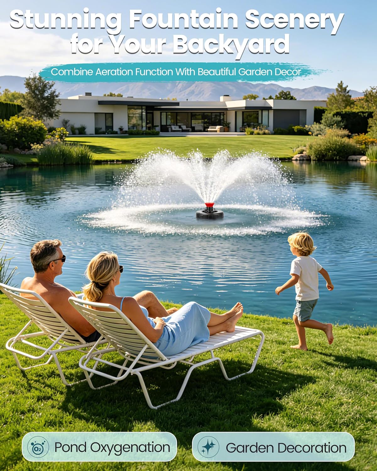 1HP Floating Pond Fountain Aerator, 15000GPH, 110V, Red | 304 Stainless Steel, Smart LCD Timer, Anti-Drift Base, 100 FT Copper Cord, Dual Fountain Nozzles