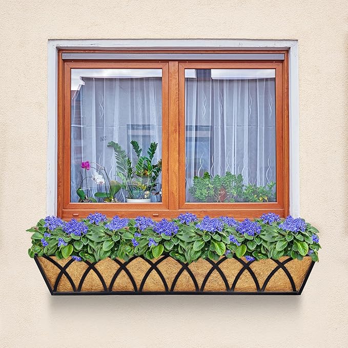 6pcs 30 Inch Window Deck with Coco Liner, 30" Window Boxes Horse Trough with Coconut Coir Liner, Metal Hanging Flower Planter Window Basket Deck Railing Planter Boxes for Outdoor Indoor Lawn