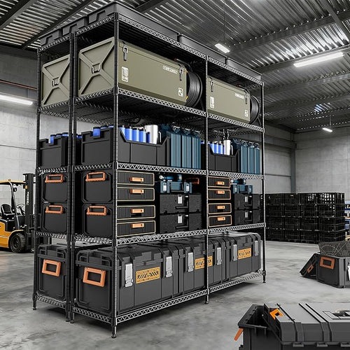 5 Tiers Storage Shelves Load 1500LBS, Metal Shelving Wire Metal Shelving Unit Shelves for Storage Adjustable Garage Shelving for Pantry Kitchen Garage Black 15.8" D x 33.5" W x 70.5" H