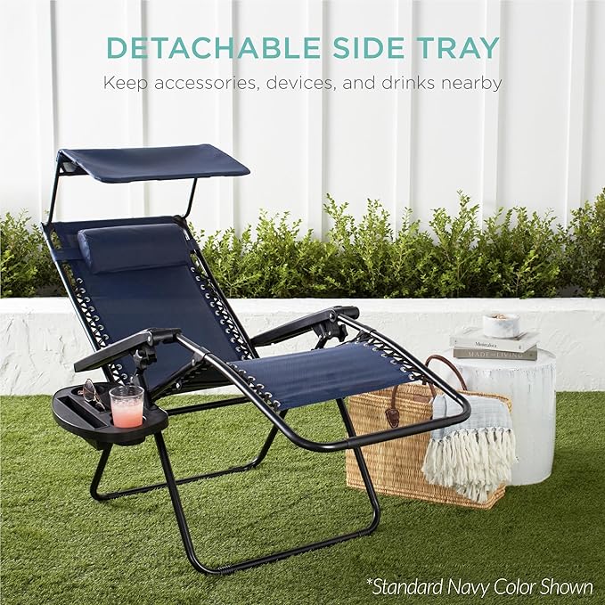 Best Choice Products 30” Wide Folding Zero Gravity Outdoor Recliner Patio Lounge Chair w/Adjustable Canopy Shade, Headrest, Side Accessory Tray - Forest Green