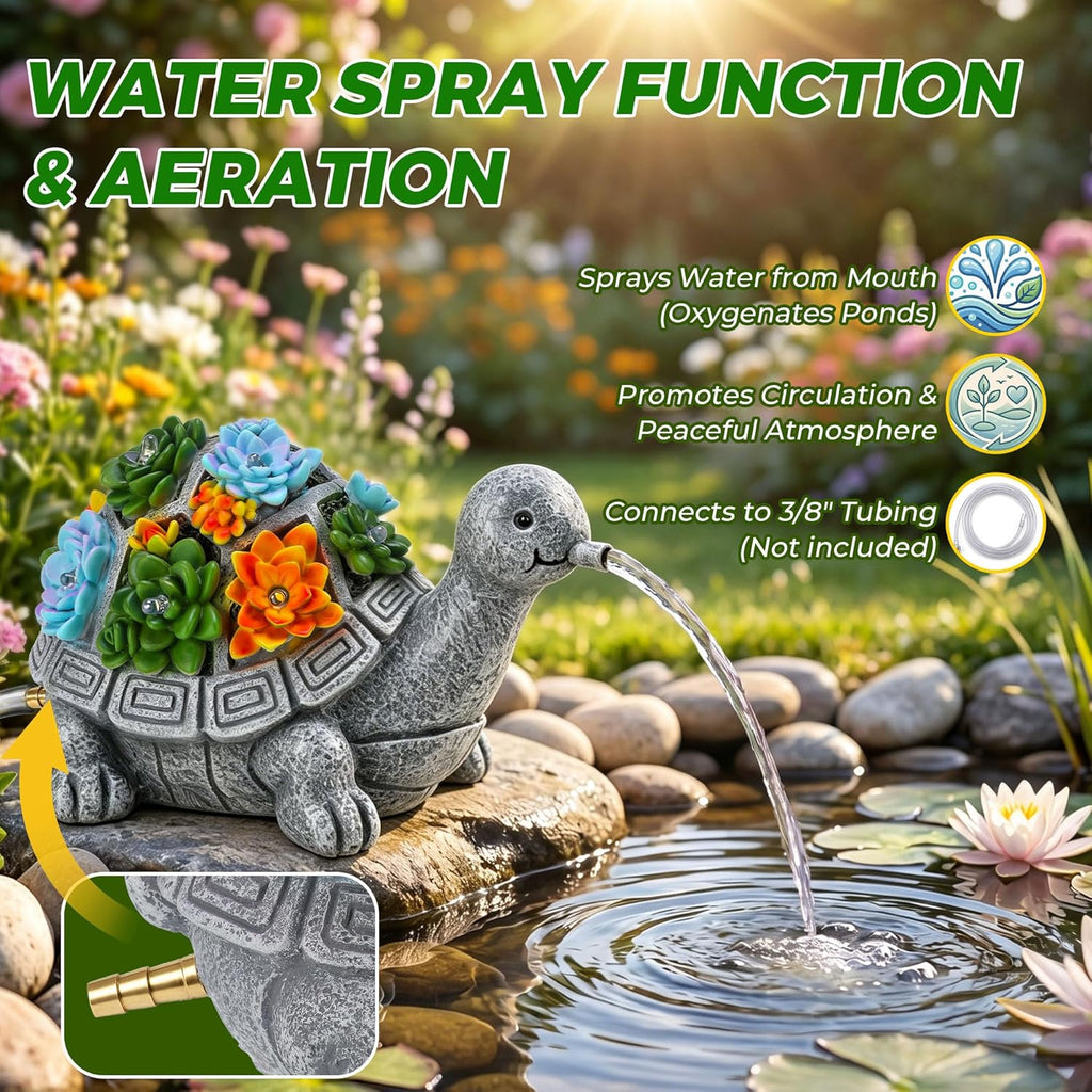 Jetec Solar Garden Statue Fountain Turtle, Pond Water Spitter Aerator | Not Included Tubing, Lawn Decor Tortoise Statue with Succulent & LED Lights for Outdoor Patio, Yard, Ponds Decor, Ideal Gift