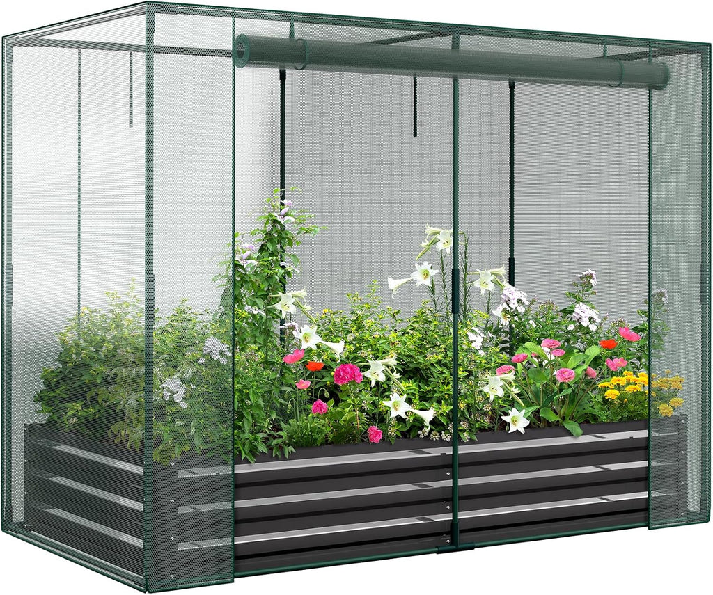 galvanized raised garden bed with crop cage plant, main product view