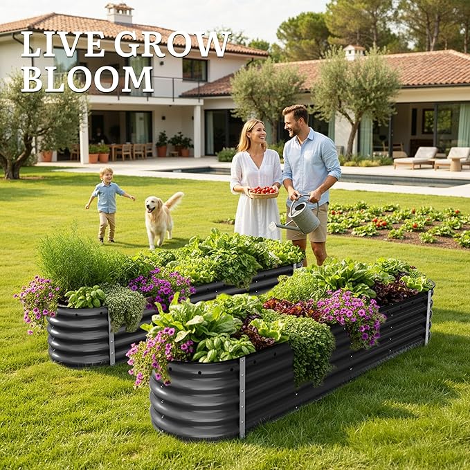 YITAHOME 17" Tall 9 in 1 Raised Garden Bed Kit,96x24 in Large Galvanized Metal Planter Box with Gloves & Safety Rubber, Outdoor Flower Bed for Plants Vegetables Flowers, Black