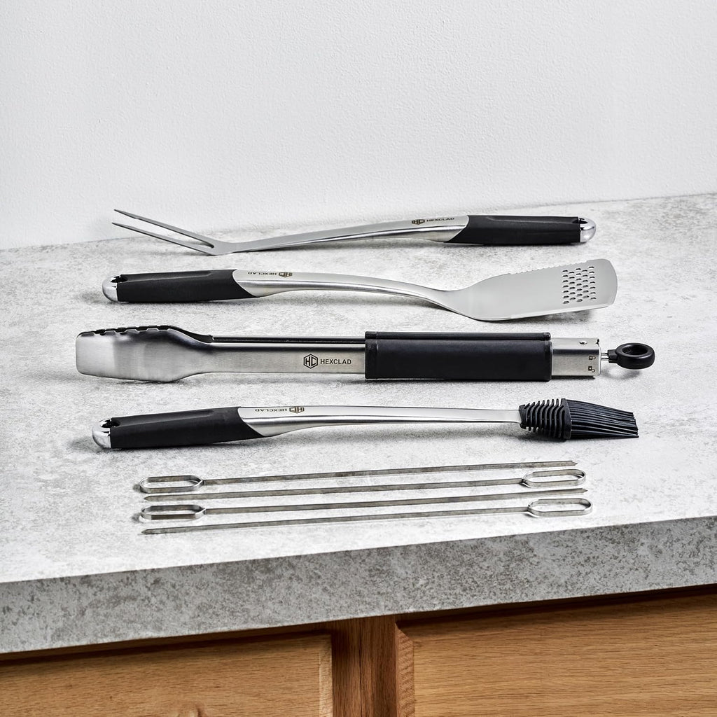 hexclad 8pc bbq tool set with spatula, tongs shown in use