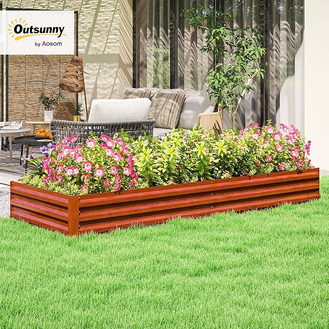 Outsunny Galvanized Raised Garden Bed, 8' x 3' x 1' Metal Planter Box, for Growing Vegetables, Flowers, Herbs, Succulents, Natural Wood