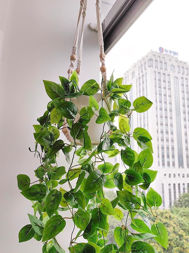 Comtelek 2 Packs Fake Hanging Plant with Pots for Home Decor Artificial Hanging Basket Plants Macrame Plant Hanger with Faux Vines Greenery for Bedroom Bathroom Room Wall Boho Decor Indoor Outdoor