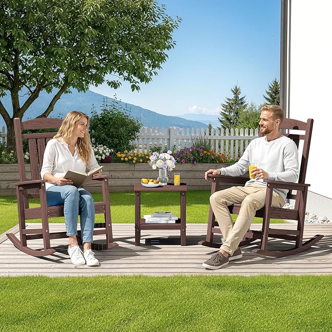 SERWALL HDPE Outdoor Rocking Chair Set of 2, Oversized Patio Rocking Chairs, All-Weather Porch Rockers for Adults, Coffee