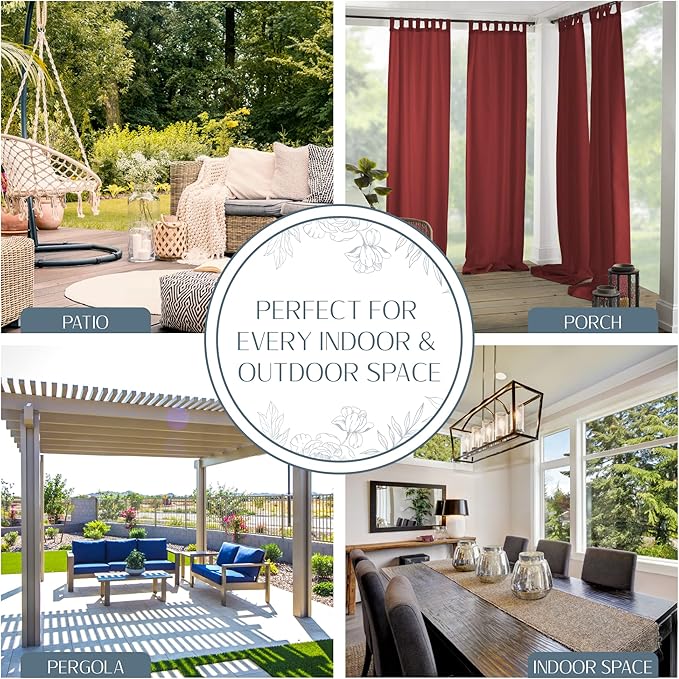 Elrene Home Fashions Matine Weatherproof Tab-Top Indoor/Outdoor Solid Color Curtain Panel for Porch, Pergola, Patio, Deck, 52”W x 95”L, Red