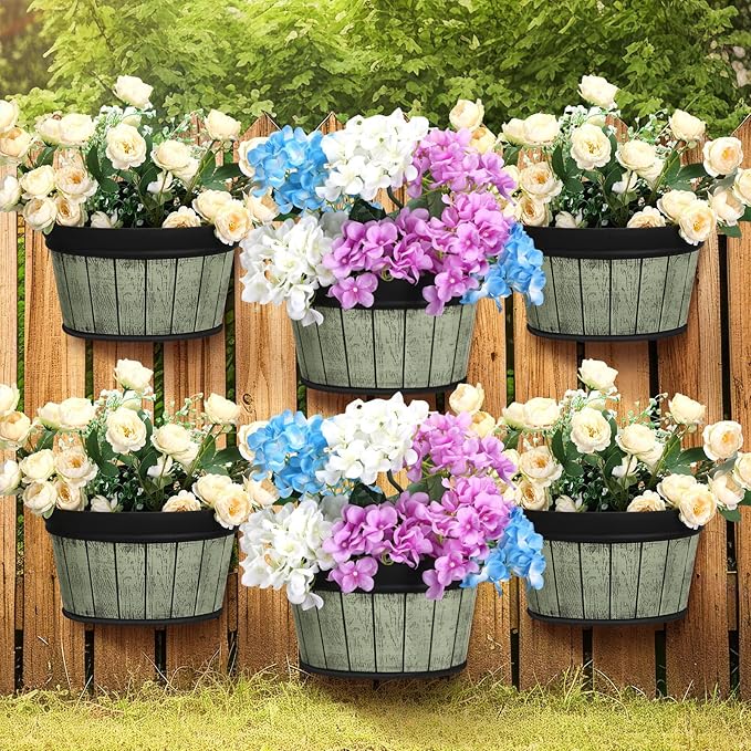 Layhit 6 Pcs Wall Hanging Planters Outdoor Pot Planter Wine Barrel Planter Distressed Oak Thickened Plastic Water Storage Flower Pots for Flower Indoor Outdoor(10 Inches,Grey Green)