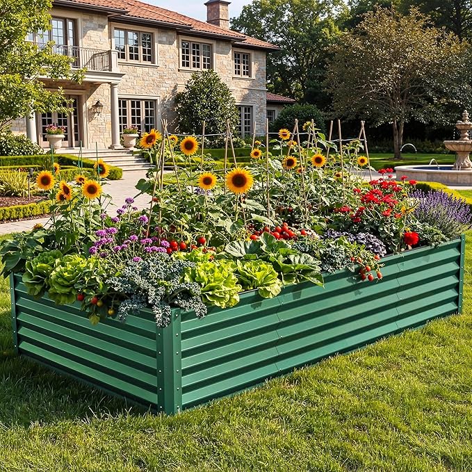 YITAHOME 8x4x1.5 ft Galvanized Raised Garden Bed Kit, Large Metal Planter Box with Gloves, Safety Rubber & Support Rod, Outdoor Flower Bed for Plants Vegetables, Green