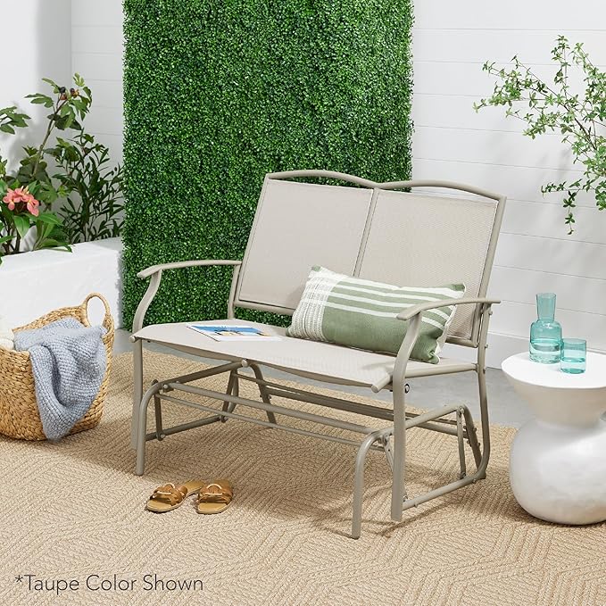 Best Choice Products 2-Person Outdoor Patio Swing Glider Steel Bench Loveseat Rocker for Deck, Porch w/Textilene Fabric, Steel Frame - Sage Green/Brown