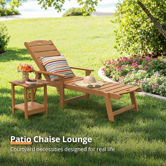 LUE BONA Chaise Lounge Chair with Table, 2-Piece, HDPS Chaise Lounger, 5 Positions Adjustable Lounge Chairs, Pool Lounge Chair with Wheels for Poolside, Backyard, Teak Color