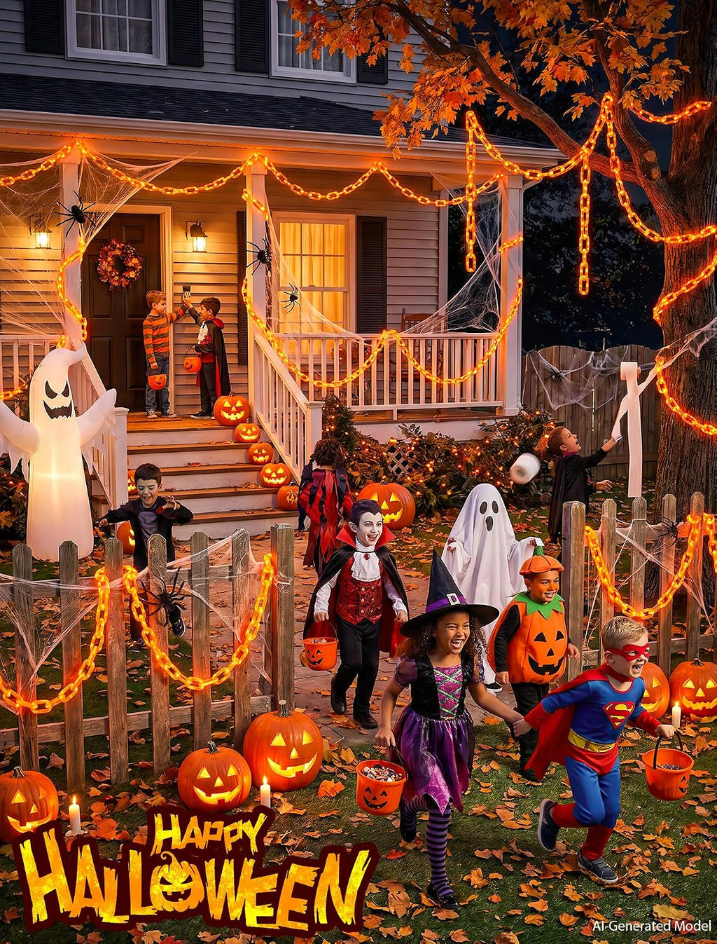 Solar Halloween Chain Lights, 10.4 FT 175 LED Orange Plastic Chain | String Lights with Remote, Waterproof Outdoor Spooky Glowing Halloween Decorations for Yard, Graveyard, Haunted House, Party