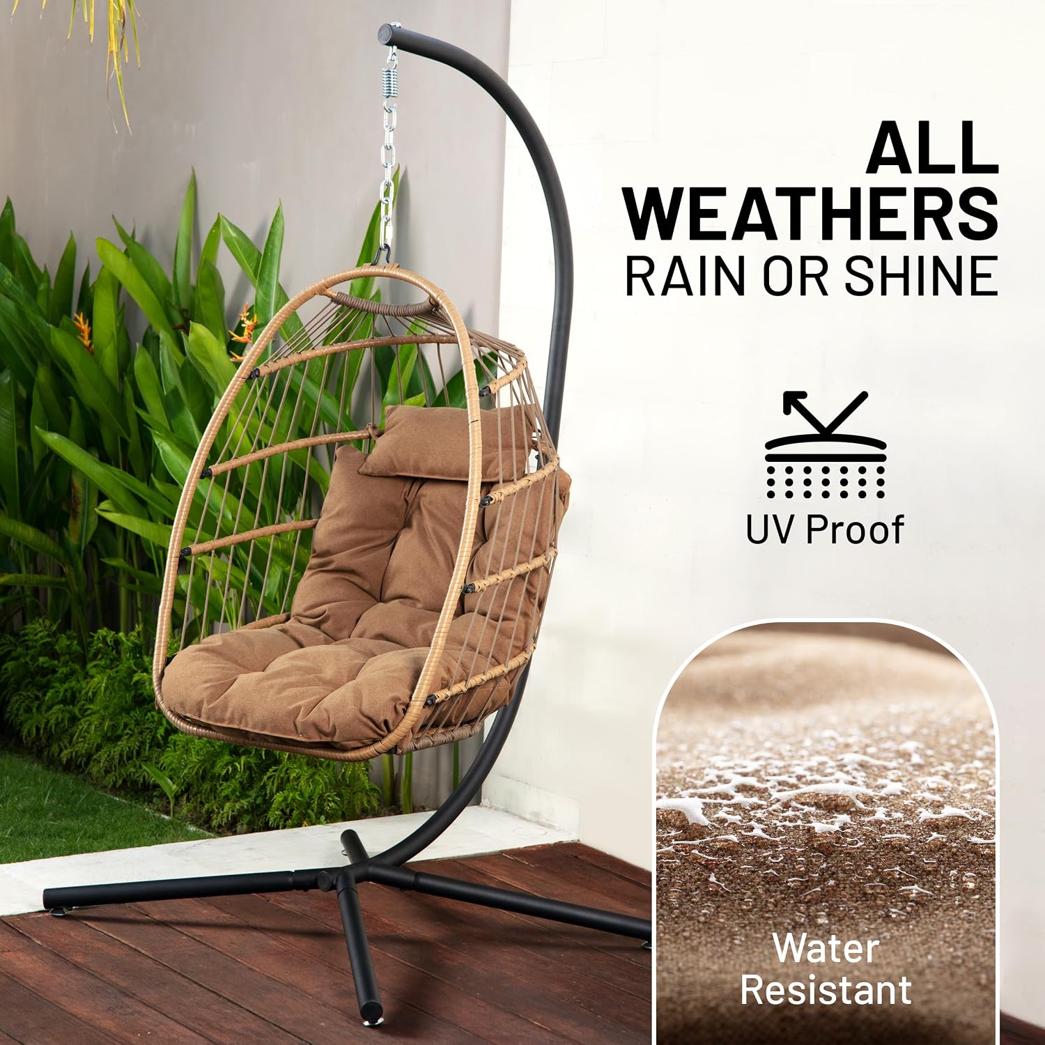 SereneLife Hanging Egg Chair w/Stand - Wicker Rattan Swing, Padded Cushion | Foldable Design, Weather-Resistant Cushion & Padded Headrest Included, 350 lb Capacity, Great for Patio, Backyard & Bedroom.