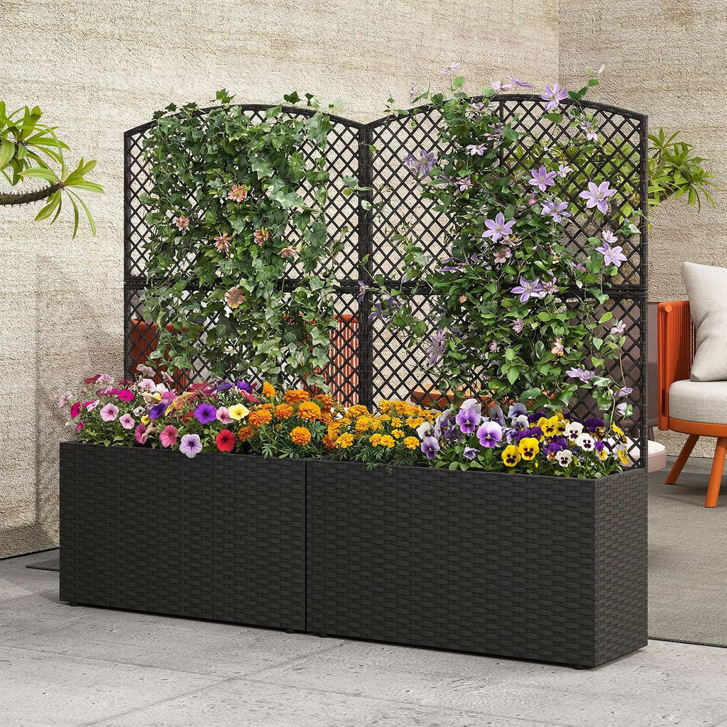 happygrill 2 raised garden bed with trellis & shown in use