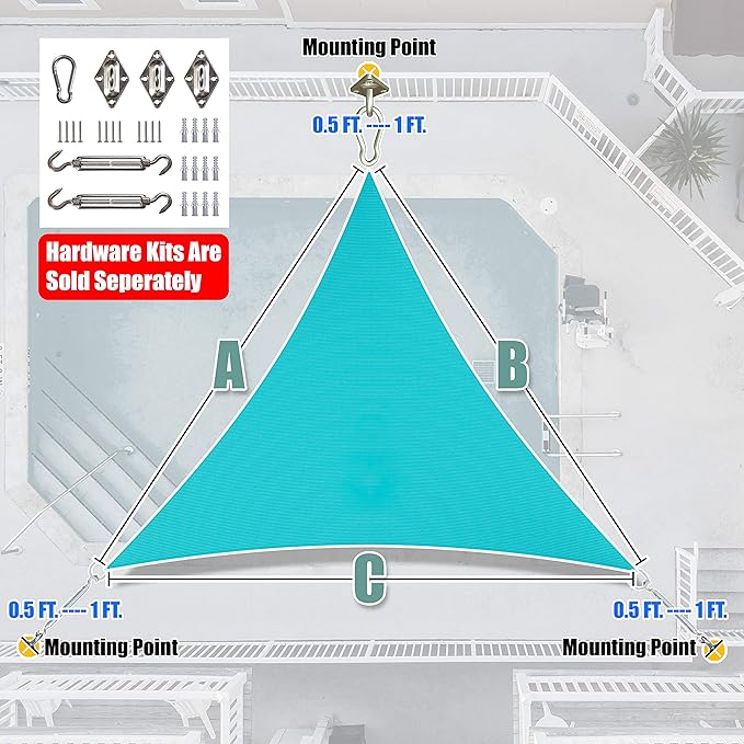 Amgo Custom Size 20' x 20' x 20' Turquoise Triangle Sun Shade Sail Order to Make Canopy Awning UPF50+ AGSLT, 95% UV Blockage, Water & Air Permeable, 200GSM Commercial Standard (We Customize)