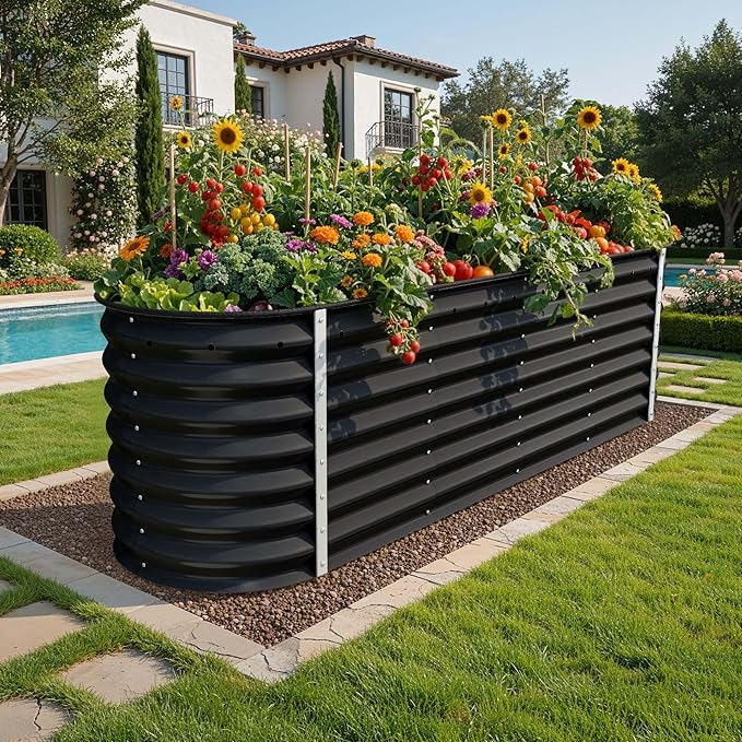 YITAHOME 24" Tall 9 in 1 Raised Garden Bed Kit,96x24 in Large Galvanized Metal Planter Box with Gloves, Safety Rubber & Support Rod, Outdoor Flower Bed for Plants Vegetables Flowers, Black