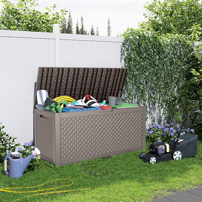 121 Gallon Outdoor Storage Box - Deck Box Waterproof Patio Furniture, Garden Tools, Cushions, Pool Accessories Outside Storage Resin Box, Grey