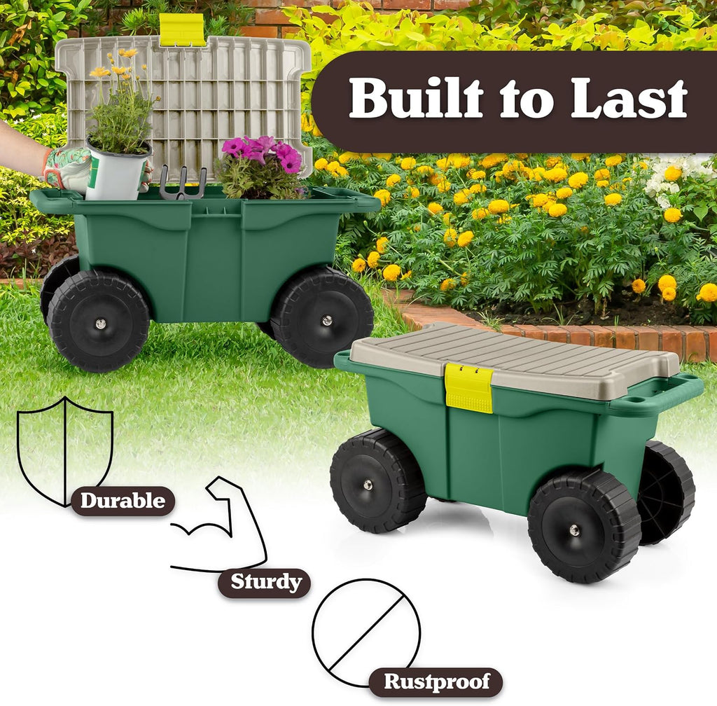 rolling garden cart with seat - plastic storage, package contents
