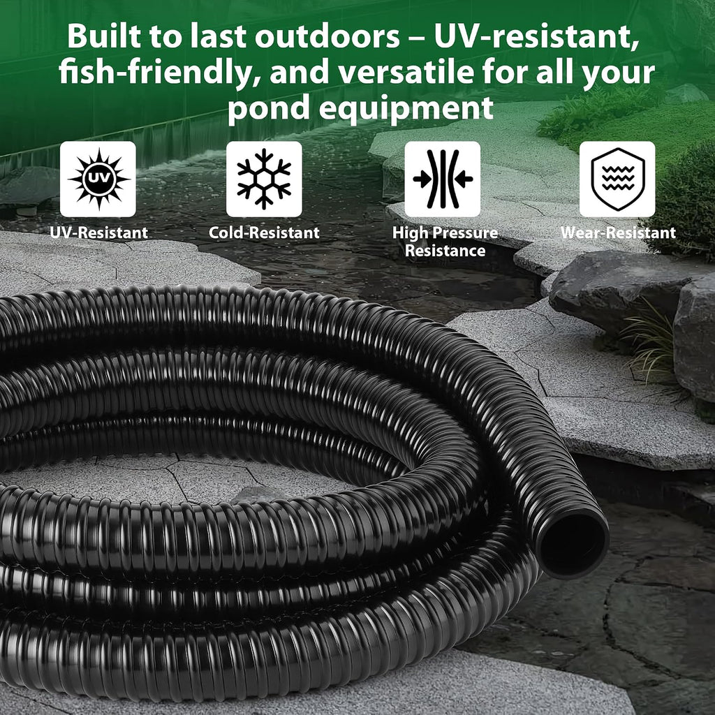 1/2 Inch Pond Tubing – 10ft Heavy Duty PVC Corrugated Pond Hose with 2 Stainless Steel Hose Clamps, Kink-Proof Black Pump Tubing for Garden Ponds, Waterfalls, Filters & Drainage