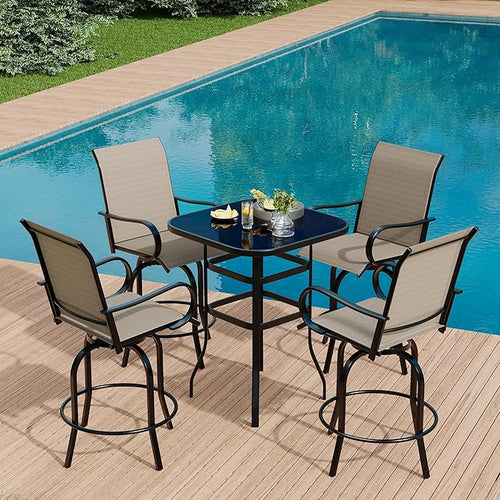 5 PCS Outdoor Bar Set with Outdoor Bistro Table and Chairs Set of 4, Bar Height Outdoor Dining Set, All Weather Mental Textilene High Swivel Bar Stools Chair Set of 4 and High Glass Bar Table