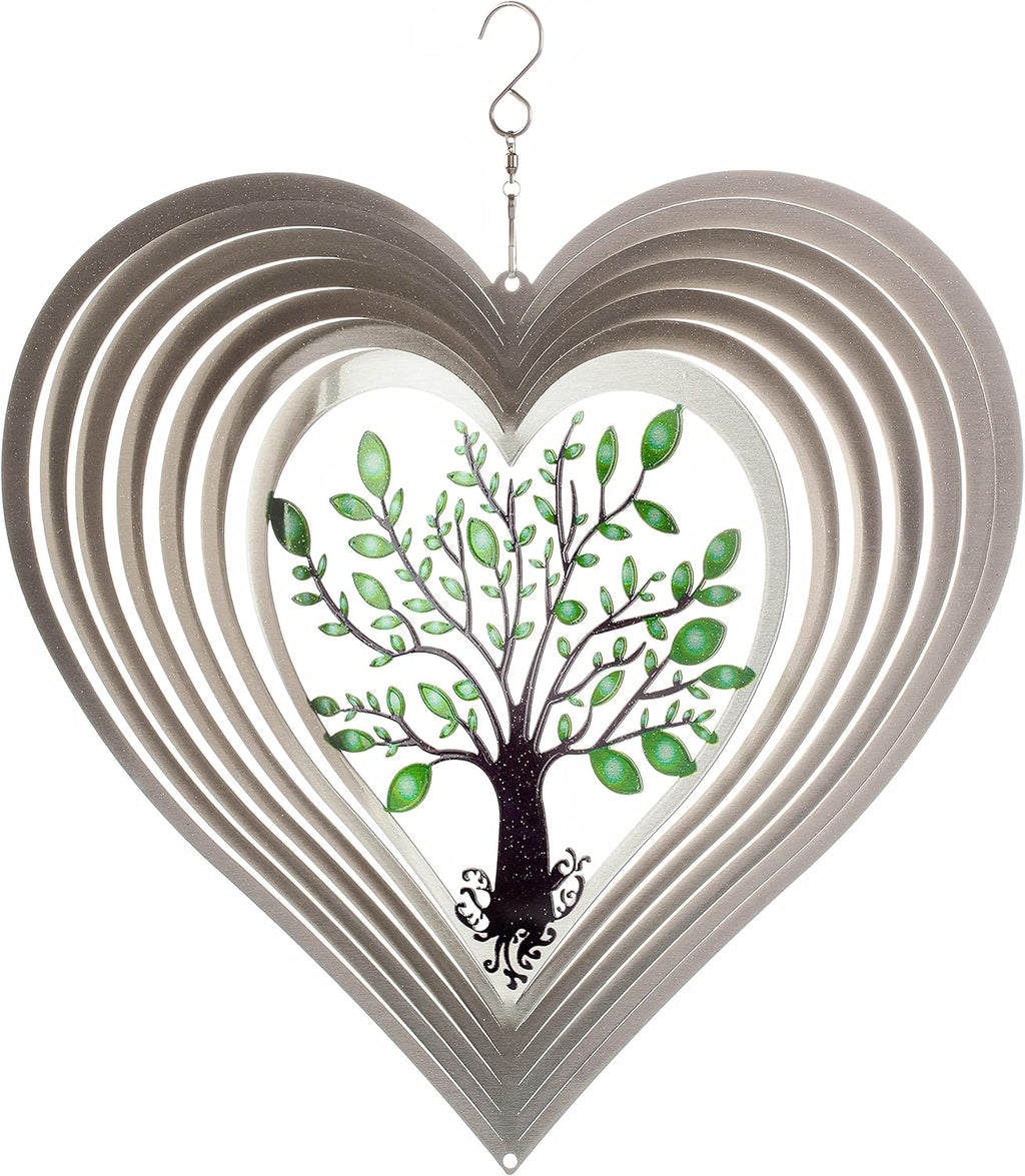 ISEO Silver Heart Wind Spinner Outdoor, 12 Inch Tree of Life Hanging Garden Decor, 3D Metal Yard Art for Porch Patio Balcony, Gift for Women Mom Grandma