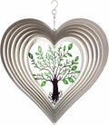 ISEO Silver Heart Wind Spinner Outdoor, 12 Inch Tree of Life Hanging Garden Decor, 3D Metal Yard Art for Porch Patio Balcony, Gift for Women Mom Grandma