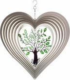 ISEO Silver Heart Wind Spinner Outdoor, 12 Inch Tree of Life Hanging Garden Decor, 3D Metal Yard Art for Porch Patio Balcony, Gift for Women Mom Grandma