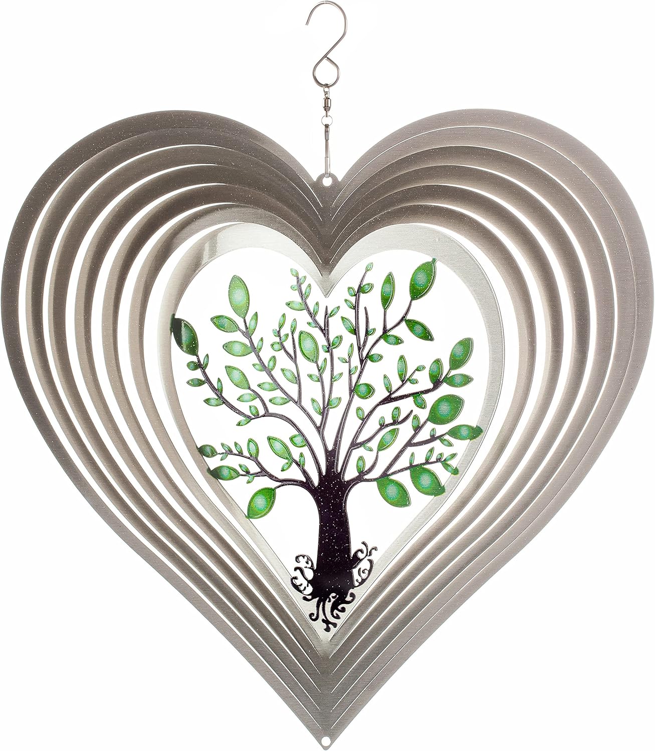 ISEO Silver Heart Wind Spinner Outdoor, 12 Inch Tree of Life Hanging Garden Decor, 3D Metal Yard Art for Porch Patio Balcony, Gift for Women Mom Grandma
