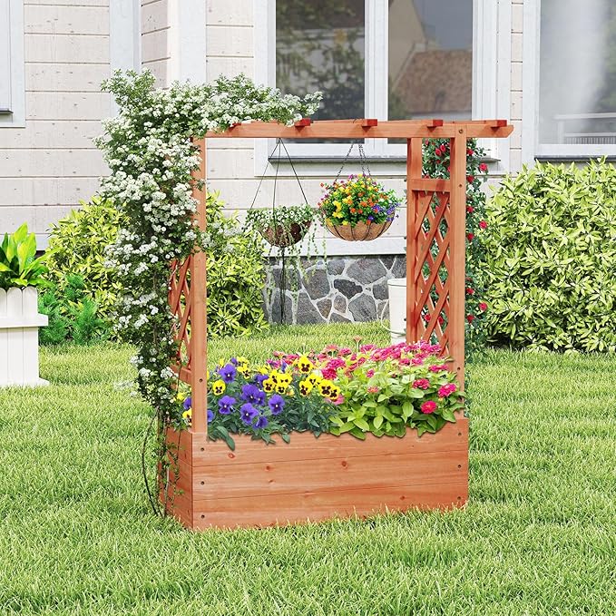 Giantex Raised Garden Bed with 2-Sided Trellis & Hanging Roof, Fir Wood Planter Box w/Drainage Holes, Freestanding Garden Planter for Flowers Herbs Climbing Vines (43"x15"x45")