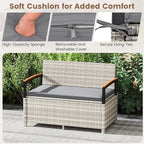 Tangkula 46 Gallon Outdoor Bench with Storage, Outdoor PE Rattan Storage Bench with Cushion, Backrest & Acacia Wood Armrests, Metal Frame, Waterproof Deck Box Seat for Porch Backyard Poolside