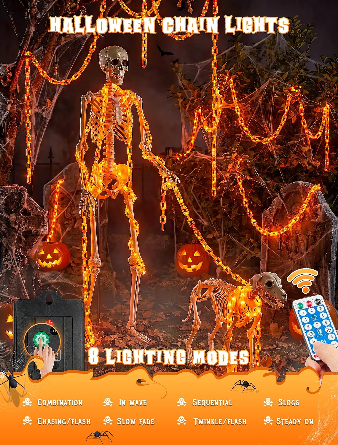Solar Halloween Chain Lights, 10.4 FT 175 LED Orange Plastic Chain | String Lights with Remote, Waterproof Outdoor Spooky Glowing Halloween Decorations for Yard, Graveyard, Haunted House, Party