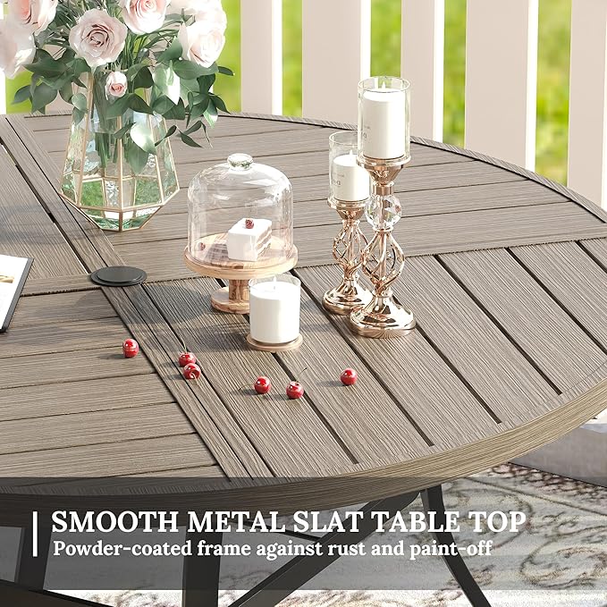 VICLLAX Round Patio Table with Adjustable Umbrella Hole for 6, All Weather Metal Outdoor Dining Table for Lawn Garden, 50" Outdoor Coffee Table, Grey Wood-Like Tabletop