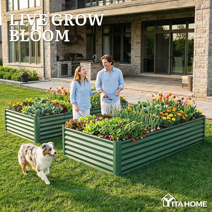 YITAHOME 8x4x1.5 ft Galvanized Raised Garden Bed Kit, Large Metal Planter Box with Gloves, Safety Rubber & Support Rod, Outdoor Flower Bed for Plants Vegetables, Green