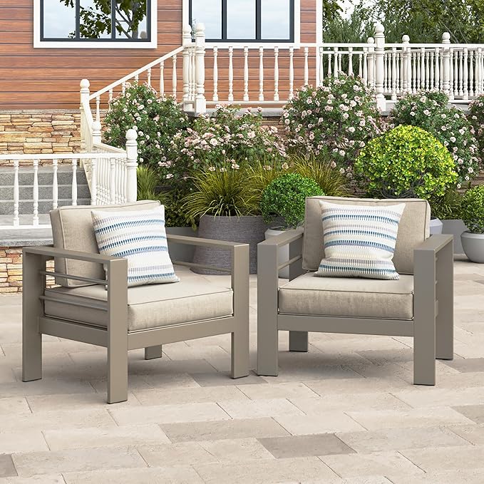 Wisteria Lane 2-Piece Patio Sofa Set, Metal Outdoor Armchair with Waterproof Upgraded Cushions, All-Weather Outdoor Single Sofa for Balcony, Garden, Deck, Backyard, Khaki