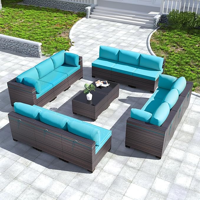 Kullavik 14 Pieces Outdoor Patio Furniture Set PE Wicker Rattan Sectional Sofa Patio Conversation Sets,Blue